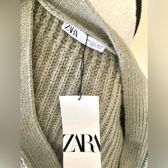 NWT Zara Pale Green Chunky Knit Wrap Sweater. Tie Belt Cozy. Women Lg. - Picture 7 of 8